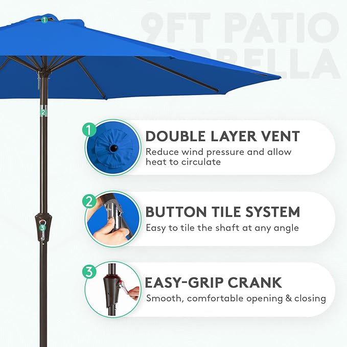 9FT Patio Umbrella Outdoor Table Umbrella with Push Button Tilt and Crank, Market Umbrella 8 Sturdy Ribs