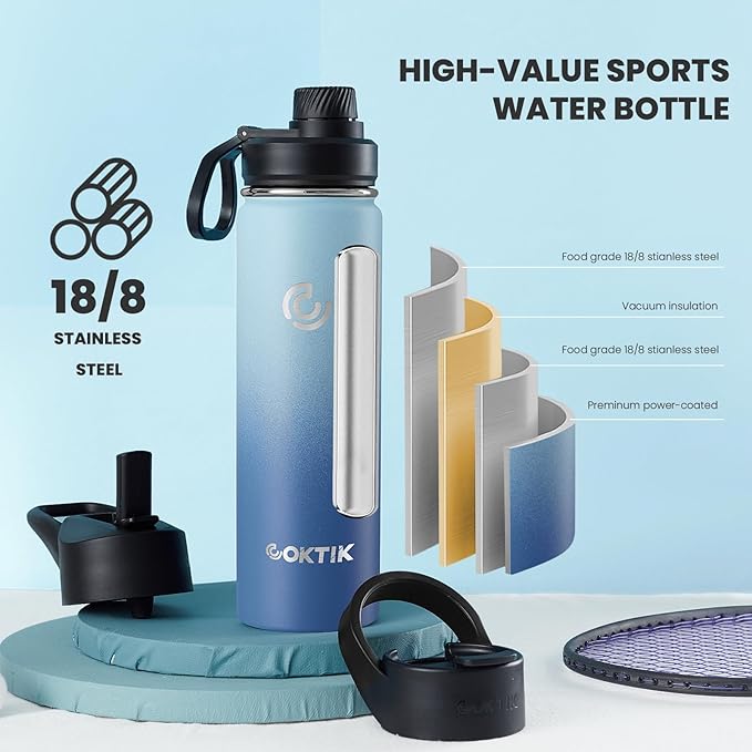 22 oz Wide Mouth，Insulated Stainless Steel Water Bottle With Straw Lid
