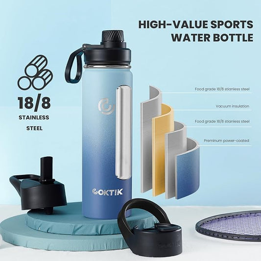 22 oz Wide Mouth，Insulated Stainless Steel Water Bottle With Straw Lid