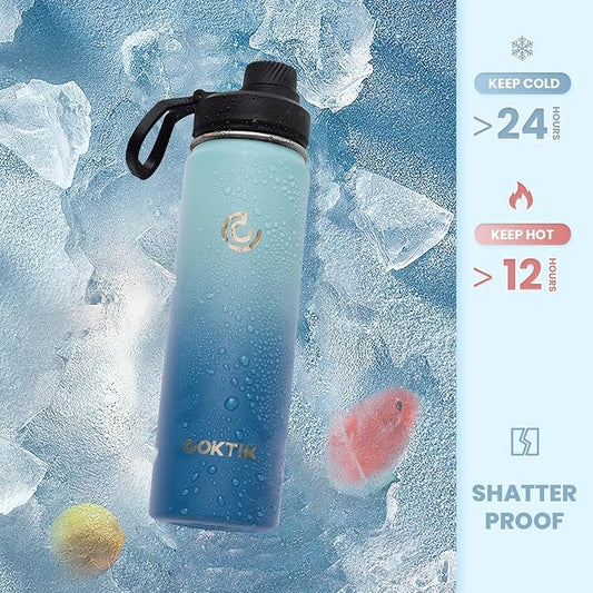 22 oz Wide Mouth，Insulated Stainless Steel Water Bottle With Straw Lid