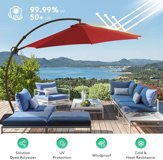 11FT Outdoor Patio Umbrella - Large Offset Curvy Cantilever Heavy Duty Hanging Round Umbrella with Sandbag Base